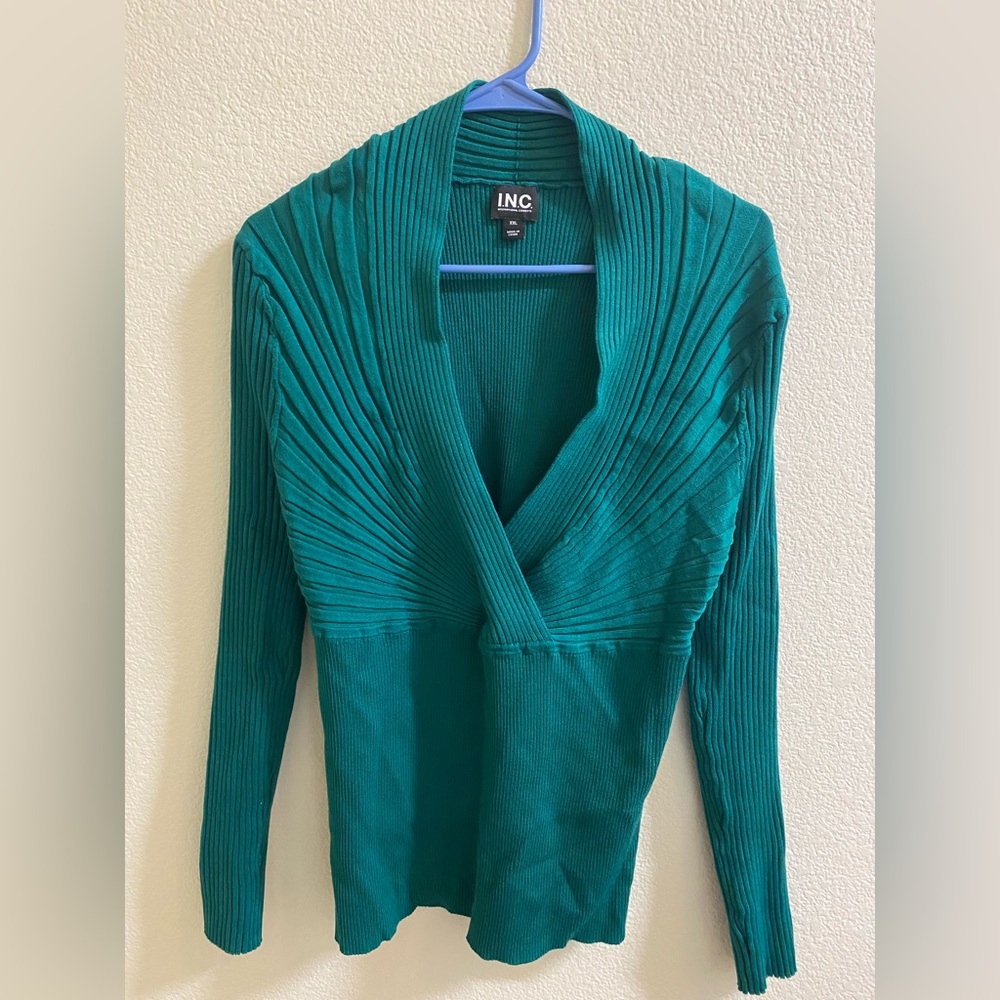INC International Concepts V-Neck Ribbed Sweater Teal XXL Plus Size
